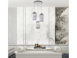Krizia - Lámpara colgante blanca con cristal transparente decorado y cables eléctricos orientables, 3 luces