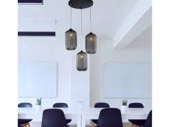 Krizia Suspensión en hierro lacado negro con cables orientables y difusores en cristal soplado gris espejo con dec. Forro en relieve de 3 luces