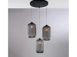 Krizia Suspensión en hierro lacado negro con cables orientables y difusores en cristal soplado gris espejo con dec. Forro en relieve de 3 luces