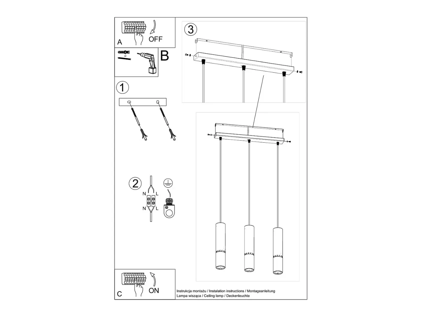 Lampada a sospensione tripla Nero, Cromo GU10 Lámpara colgante triple negra, cromada GU10