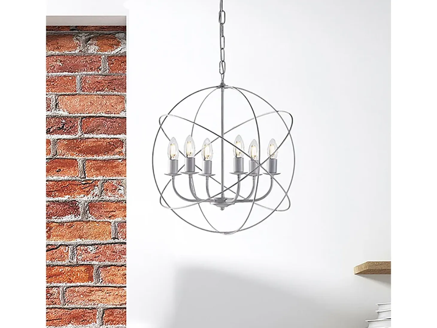 Lampadario a Sospensione 6 Luci Sfera Ferro Bianco e Argento Serie Williams