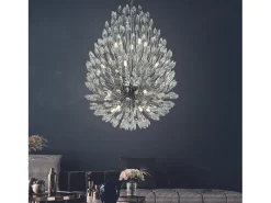 Lampadario Contemporaneo Pavone Acciaio Cromo Vetro Trasparente 20 Luci G9