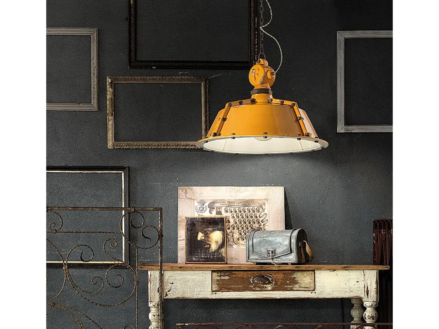 Lampadario Industrial Ferro E Ceramica Vintage Giallo 1 Luce E27 52Cm