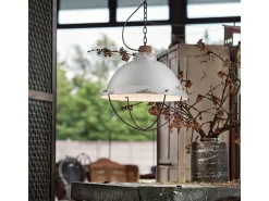 Lampadario Industrial Ferro E Ceramica Con Rete Vintage Bianco 1 Luce E27 40Cm