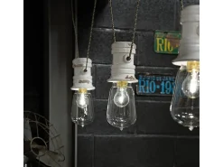 Lampadario Industrial Minimal Urban Ferro E Ceramica Vintage Bianco 3 Luci E27