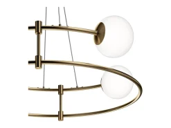 Lampadario Minimal Balance In Metallo Oro 4 Luci E Diffusori Sferici Bianchi