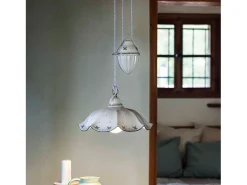 Lampadario Saliscendi Classico Belluno Ceramica E Ottone Decorato 1 Luce E27
