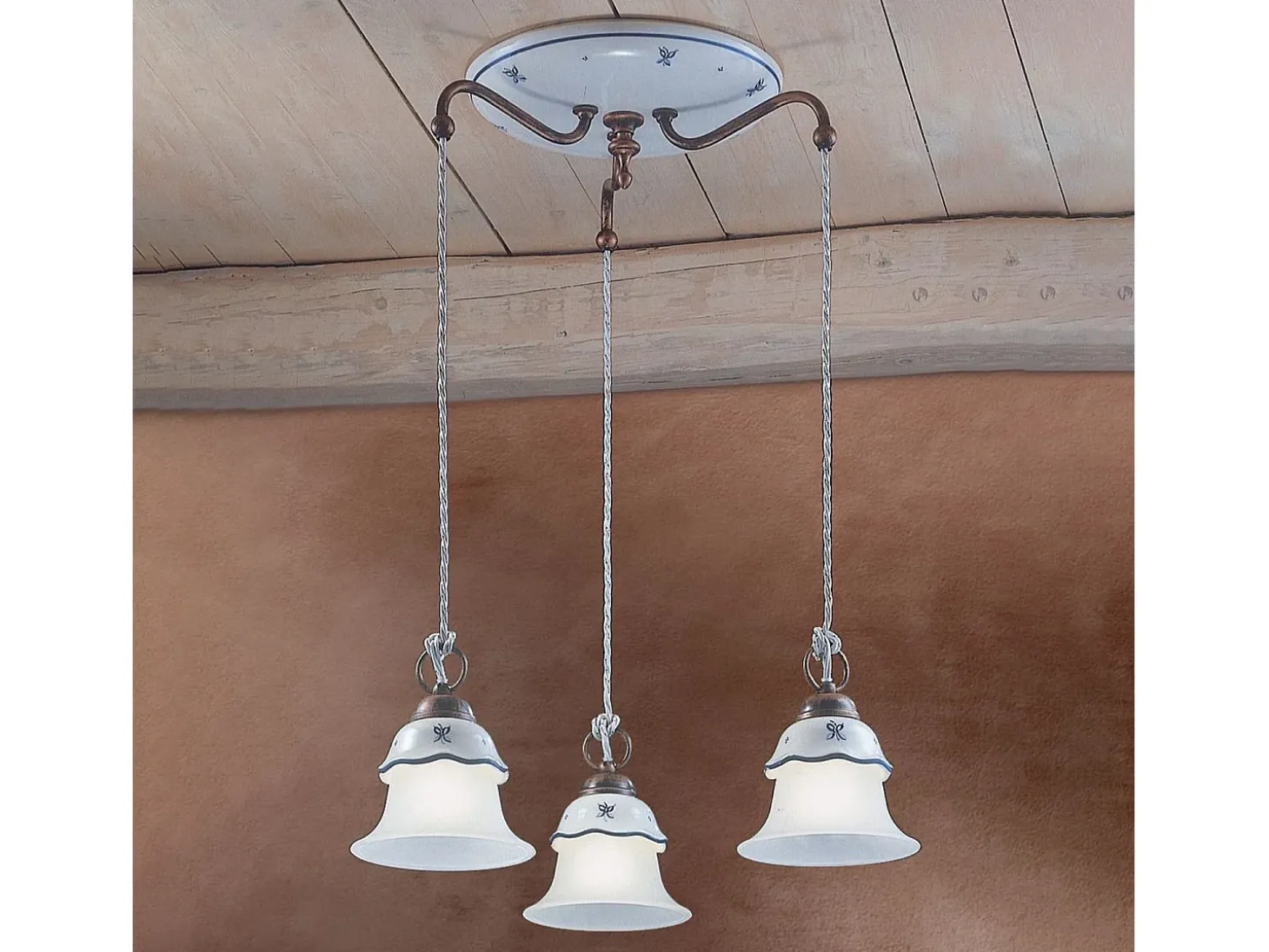 Lampadario Tondo Classico Ferrara Metallo Ceramica Nero Sfumato Rame 3 Luci E14