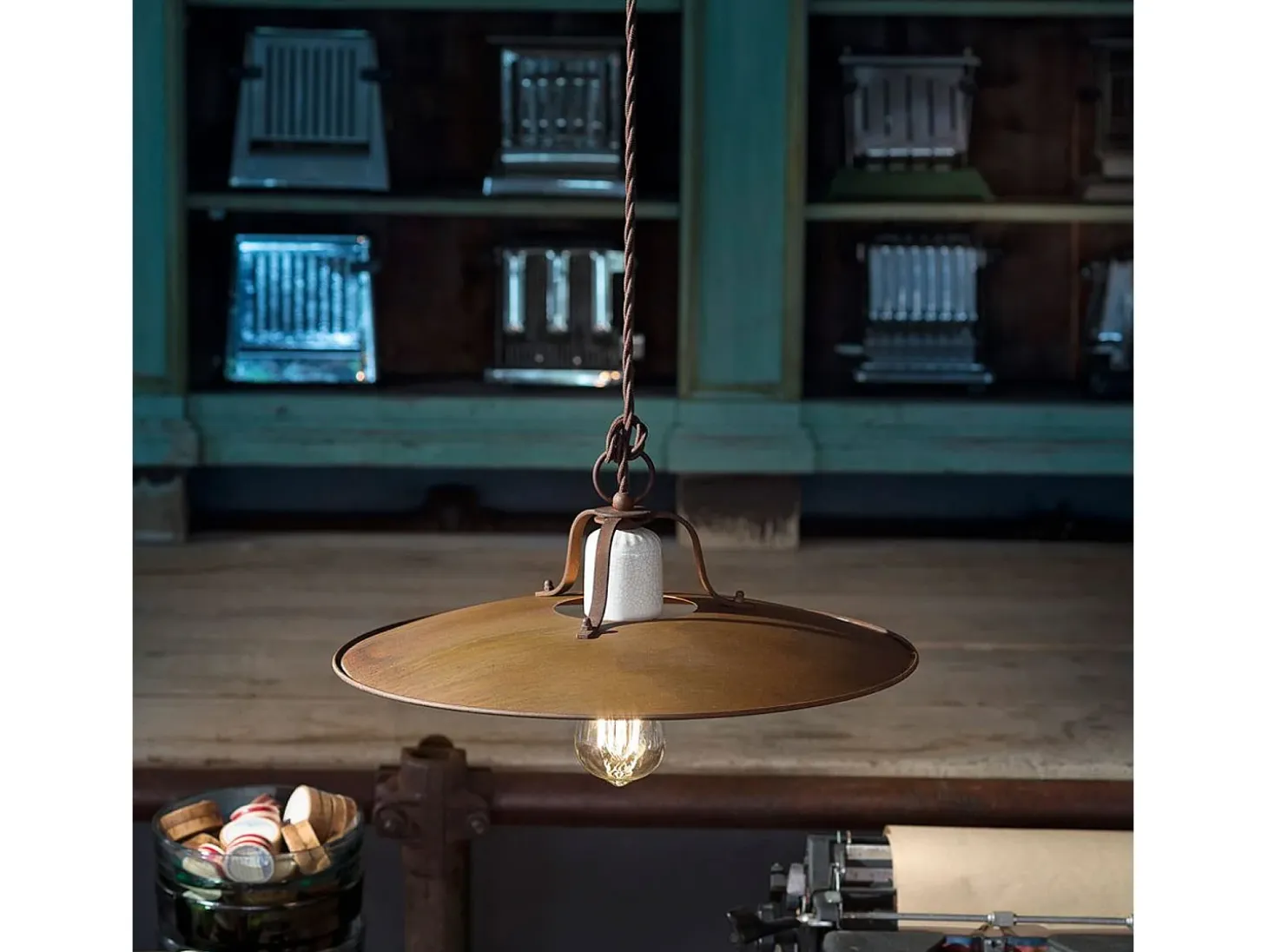 Lampadario Vintage Grunge Ferro E Ceramica Craquele' 1 Luce E27 40Cm