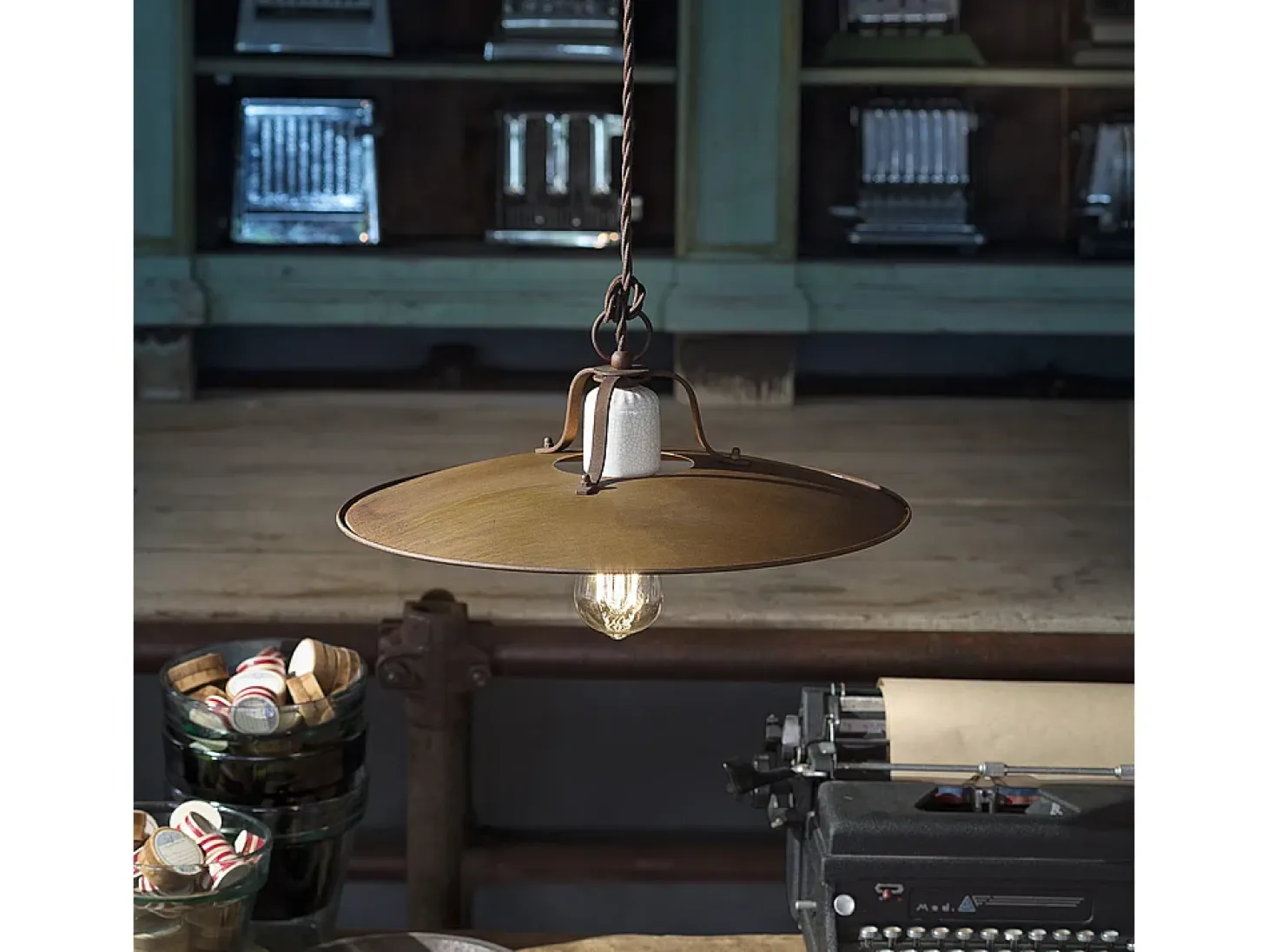 Lampadario Vintage Grunge Ferro E Ceramica Craquele' 1 Luce E27 25Cm