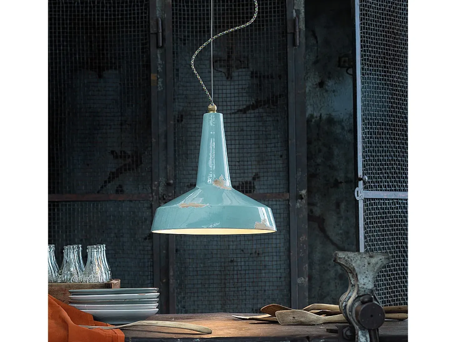 Lampadario Vintage Vague Vintage Ferro E Ceramica Azzurro 1 Luce E27 35Cm