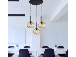 Lámpara colgante Ankara negra con cristal ámbar rayado y cables eléctricos orientables, 3 luces Ø47