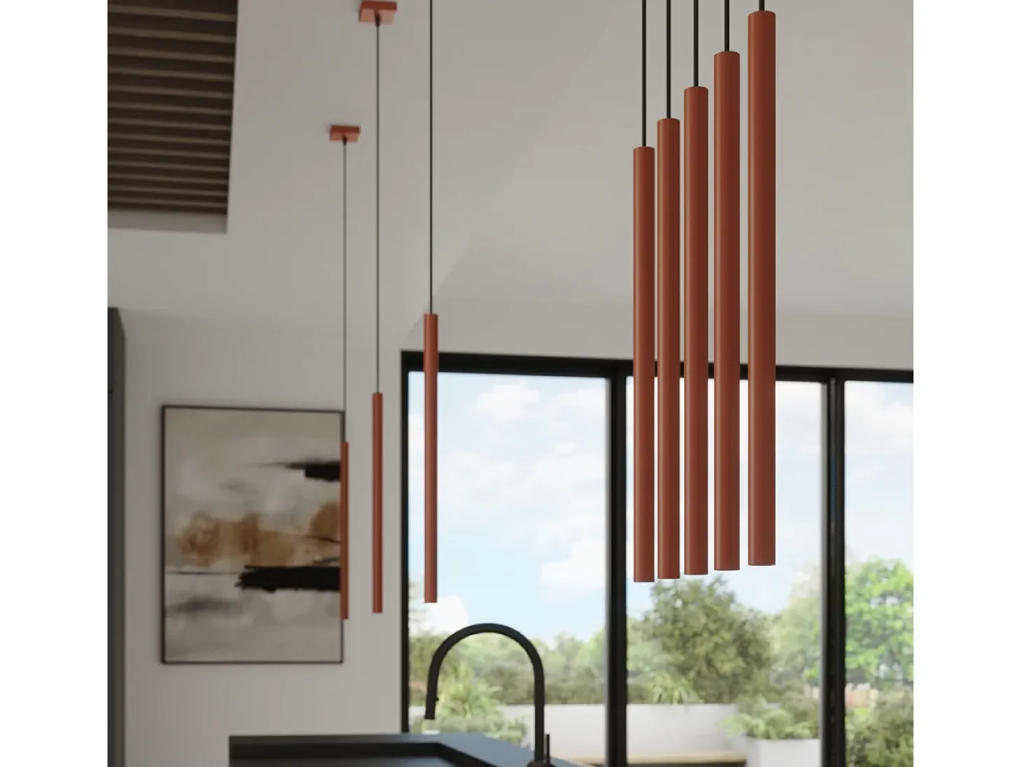 Lámpara colgante Brill moderno de acero - 5 fuentes luminosas 4000K - L.25 x A.104 cm - ocre rojo