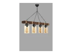 Lámpara colgante de 4 luces de madera y metal SAPHIA Diseño Industrial-Chic, Altura Ajustable, Luz Suave, Vidrio Ámbar, E27, 40W, Madera Natural, Metal Negro