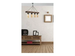 Lámpara colgante de 4 luces de madera y metal SAPHIA Diseño Industrial-Chic, Altura Ajustable, Luz Suave, Vidrio Ámbar, E27, 40W, Madera Natural, Metal Negro