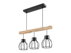 Lámpara colgante de 3 luces en madera de eucalipto y metal negro - Abby