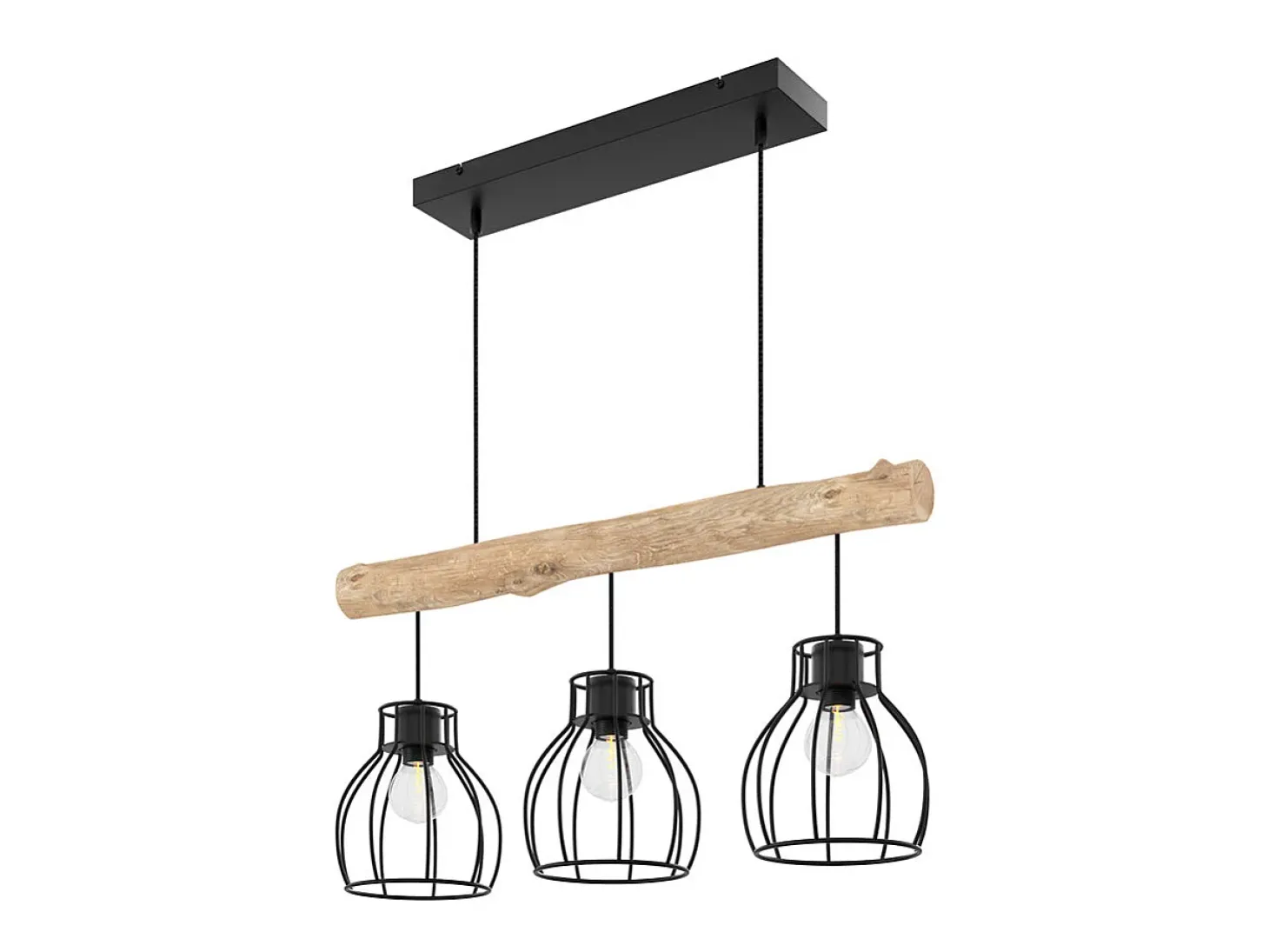 Lámpara colgante de 3 luces en madera de eucalipto y metal negro - Abby