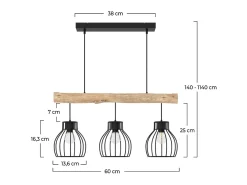 Lámpara colgante de 3 luces en madera de eucalipto y metal negro - Abby