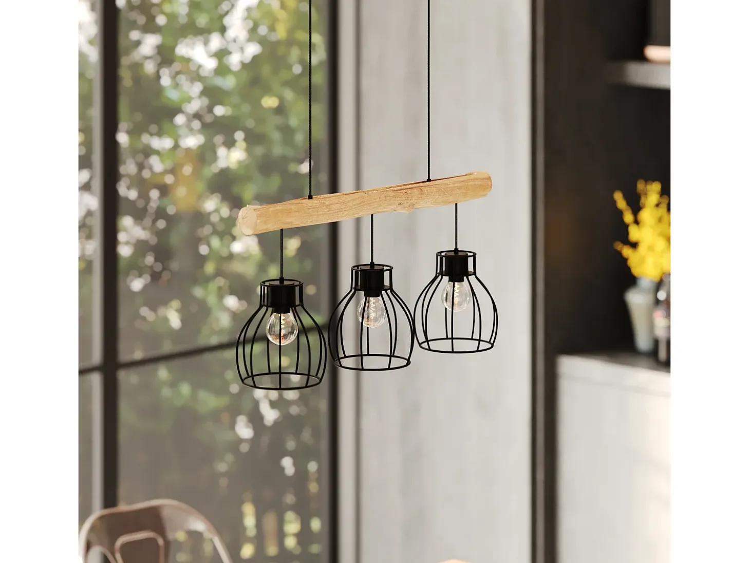 Lámpara colgante de 3 luces en madera de eucalipto y metal negro - Abby