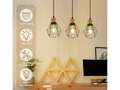 Lámpara colgante de comedor Nettlife de estilo vintage: lámpara retro de 3 luces E27, pantalla de metal negro (bombillas no incluidas)