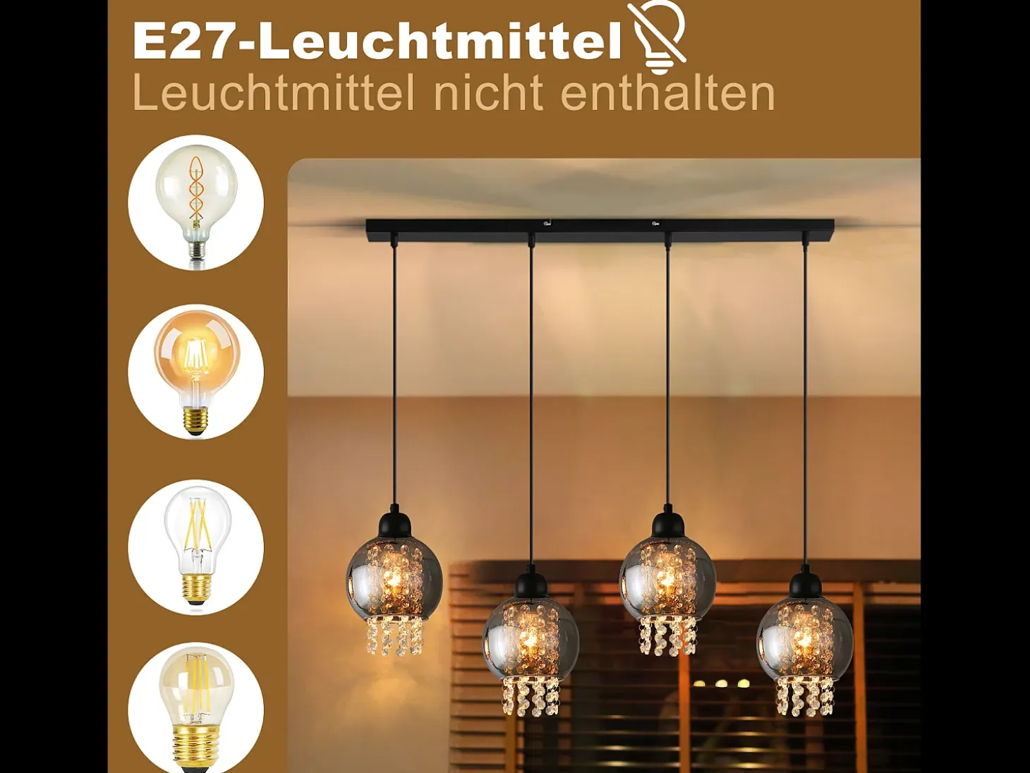 Lámpara colgante de cristal negro para mesa de comedor, moderna lámpara colgante E27 para sala de estar