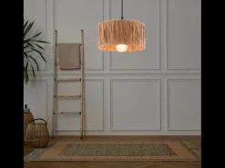 Lámpara colgante de rafia beige y metal negro - Diseño bohemio chic para un interior acogedor