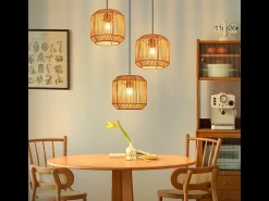 Lámpara colgante de ratán bohemio Nettlife para mesa de comedor - 3 bombillas E27, altura ajustable, estilo retro, para salón o dormitorio (bombillas no incluidas)