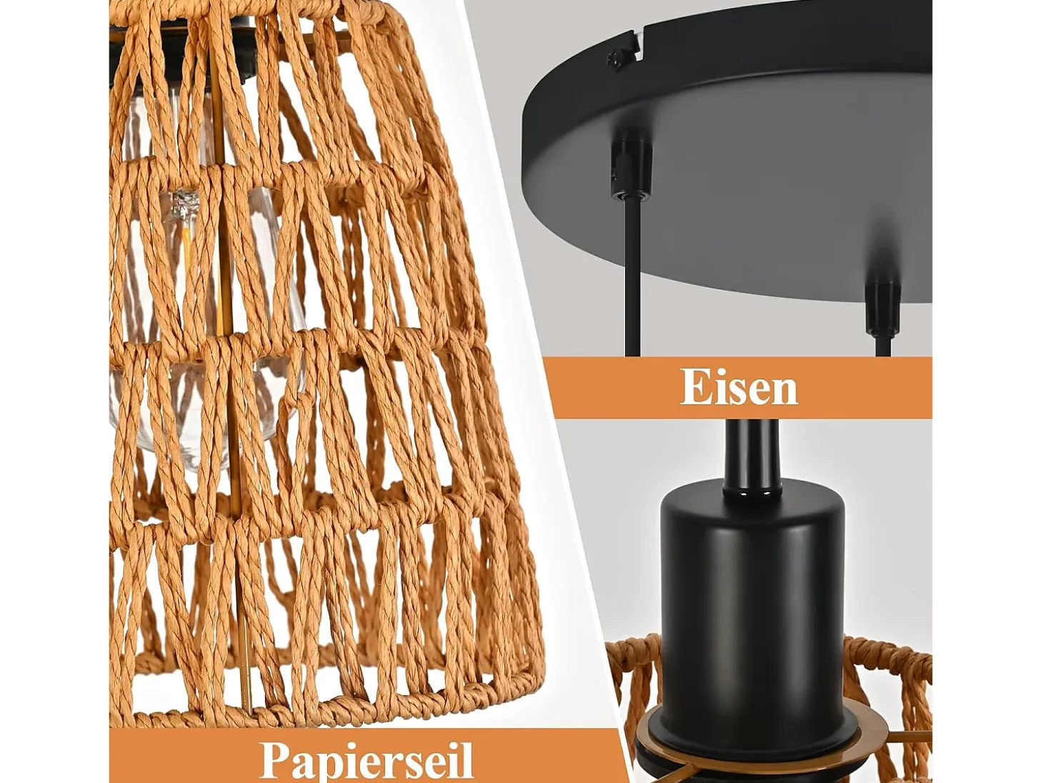 Lámpara colgante de ratán bohemio Nettlife con 3 luces - Lámpara de araña vintage de cuerda de cáñamo trenzada E27 - Iluminación (bombillas no incluidas)