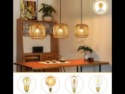 Lámpara colgante de ratán bohemio Nettlife para mesa de comedor - 3 bombillas E27, altura ajustable, estilo retro, para salón o dormitorio (bombillas no incluidas)