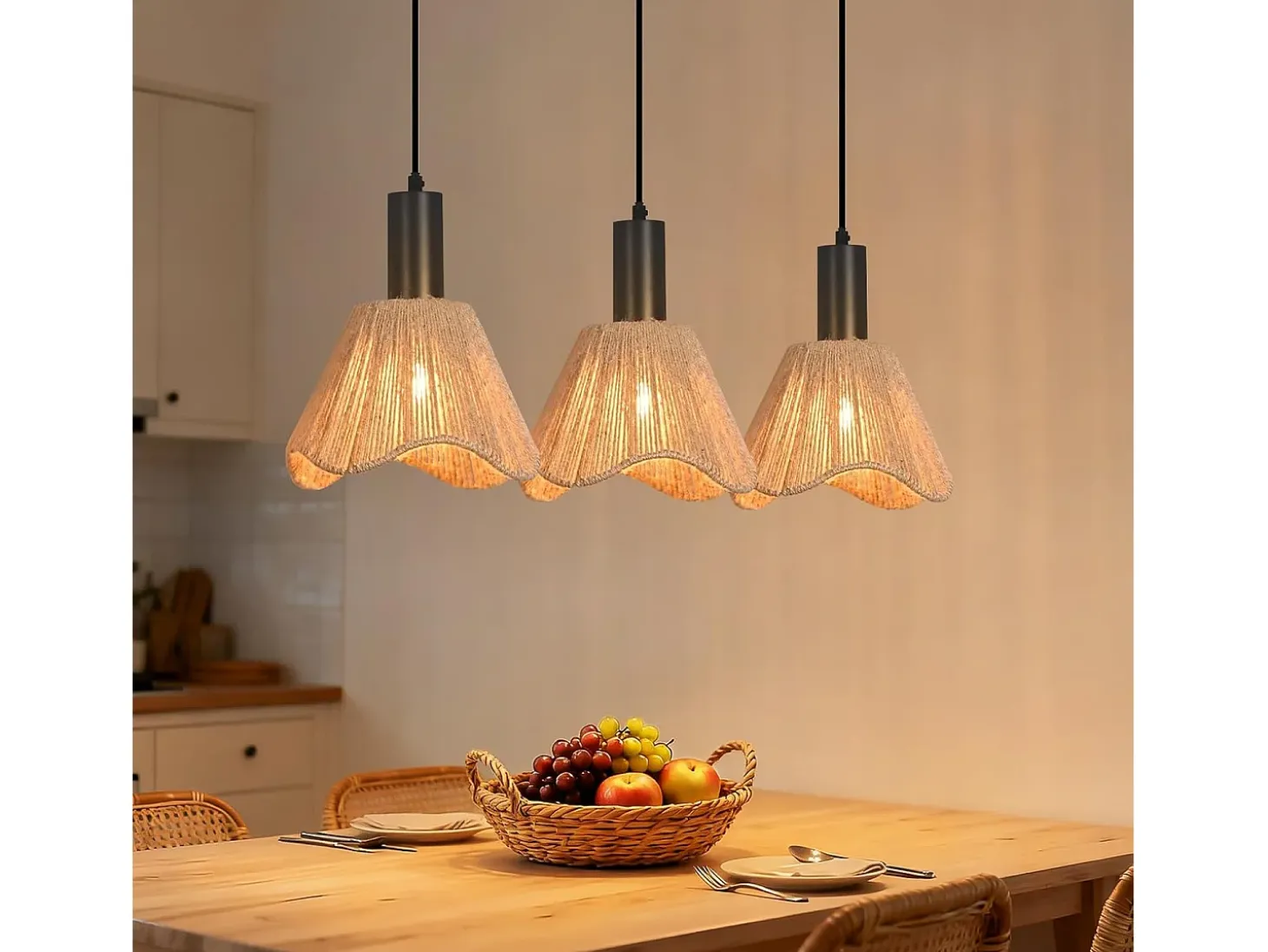 Lámpara colgante de ratán bohemio Nettlife con 3 luces - Lámpara de araña vintage de cuerda de cáñamo trenzada E27 -(bombillas no incluidas)