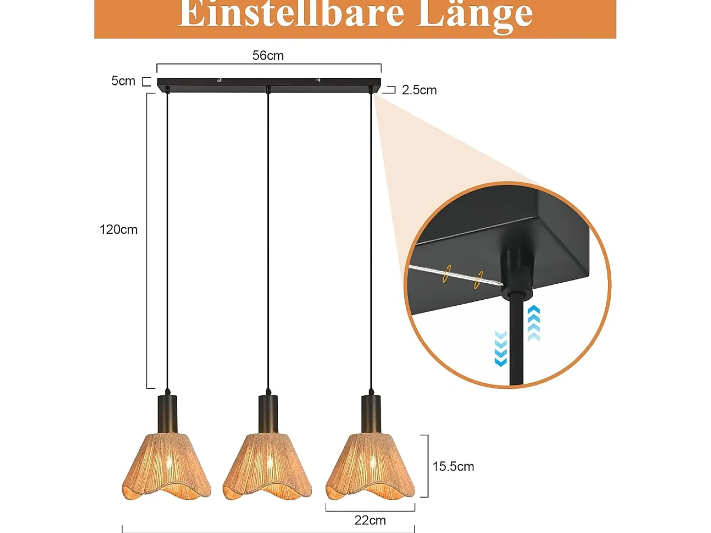 Lámpara colgante de ratán bohemio Nettlife con 3 luces - Lámpara de araña vintage de cuerda de cáñamo trenzada E27 -(bombillas no incluidas)