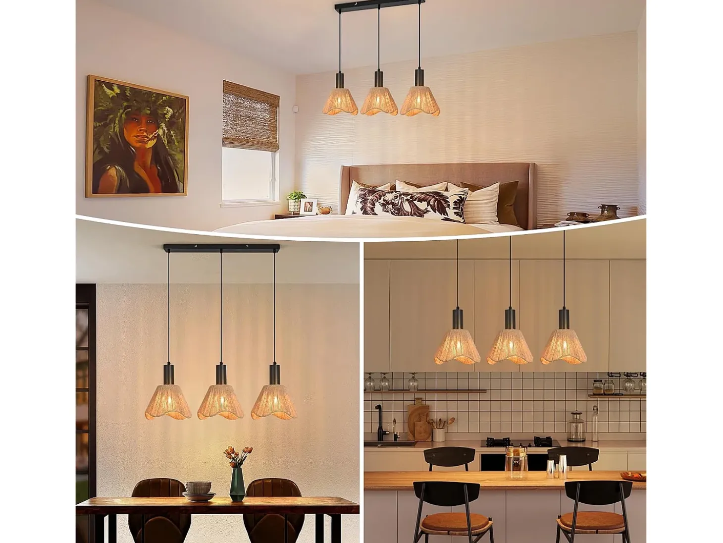 Lámpara colgante de ratán bohemio Nettlife con 3 luces - Lámpara de araña vintage de cuerda de cáñamo trenzada E27 -(bombillas no incluidas)