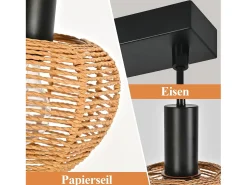 Lámpara colgante de ratán bohemio Nettlife con 3 luces - Lámpara de araña vintage de cuerda de cáñamo trenzada E27 - Iluminación (bombillas no incluidas)