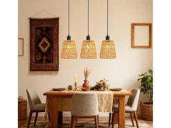 Lámpara colgante de ratán bohemio Nettlife con 3 luces - Lámpara de araña vintage de cuerda de cáñamo trenzada E27 - Iluminación para cocina(bombillas no incluidas)