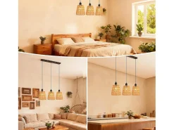 Lámpara colgante de ratán bohemio Nettlife con 3 luces - Lámpara de araña vintage de cuerda de cáñamo trenzada E27 - Iluminación para cocina(bombillas no incluidas)