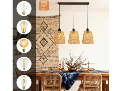 Lámpara colgante de ratán bohemio Nettlife con 3 luces - Lámpara de araña vintage de cuerda de cáñamo trenzada E27 - Iluminación para cocina(bombillas no incluidas)