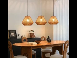 Lámpara colgante de ratán bohemio Nettlife para mesa de comedor - 3 bombillas E27, altura ajustable, estilo retro, para salón o dormitorio (bombillas no incluidas)