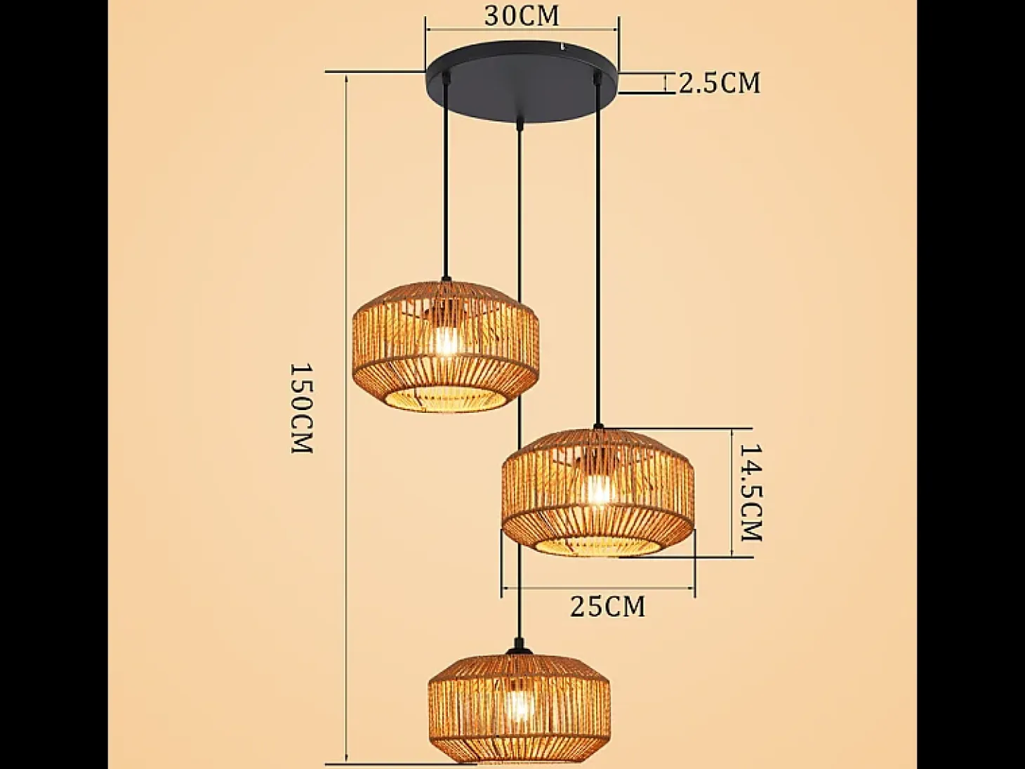 Lámpara colgante de ratán Nettlife Φ25 Lámpara colgante vintage para mesa de comedor, 1 luz, diseño retro con casquillo E27 (bombilla no incluida)
