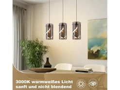Lámpara colgante LED vintage Nettlife de 3 luces, cristal gris ahumado, 23 W, 3000 K, retro, ajustable, para mesa de comedor.