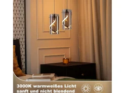 Lámpara colgante LED vintage Nettlife para mesa de comedor - 1 luz, 8 W, cristal, estilo retro, gris humo, luz blanca cálida 3000 K