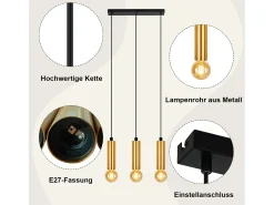 Lámpara colgante NETTLIFE dorada de 3 bombillas - Lámpara colgante para mesa de comedor E27 Lámpara colgante industrial de metal