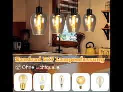 Lámpara colgante NETTLIFE negra para mesa de comedor - Lámpara colgante vintage de cristal ahumado con una sola llama E27 (sin fuente de luz)