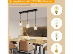 Lámpara colgante vintage de vidrio con 3 llamas para mesa de comedor, E27, para sala de estar