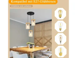 Lámpara colgante vintage de vidrio con 3 llamas para mesa de comedor, E27, para sala de estar