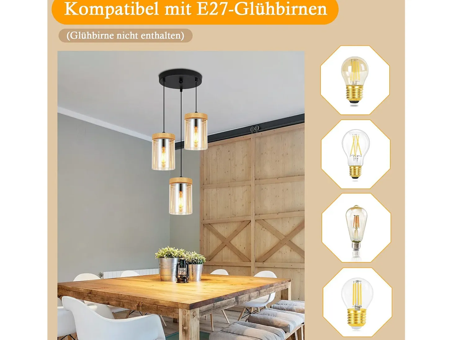 Lámpara colgante vintage de vidrio con 3 llamas para mesa de comedor, E27, para sala de estar