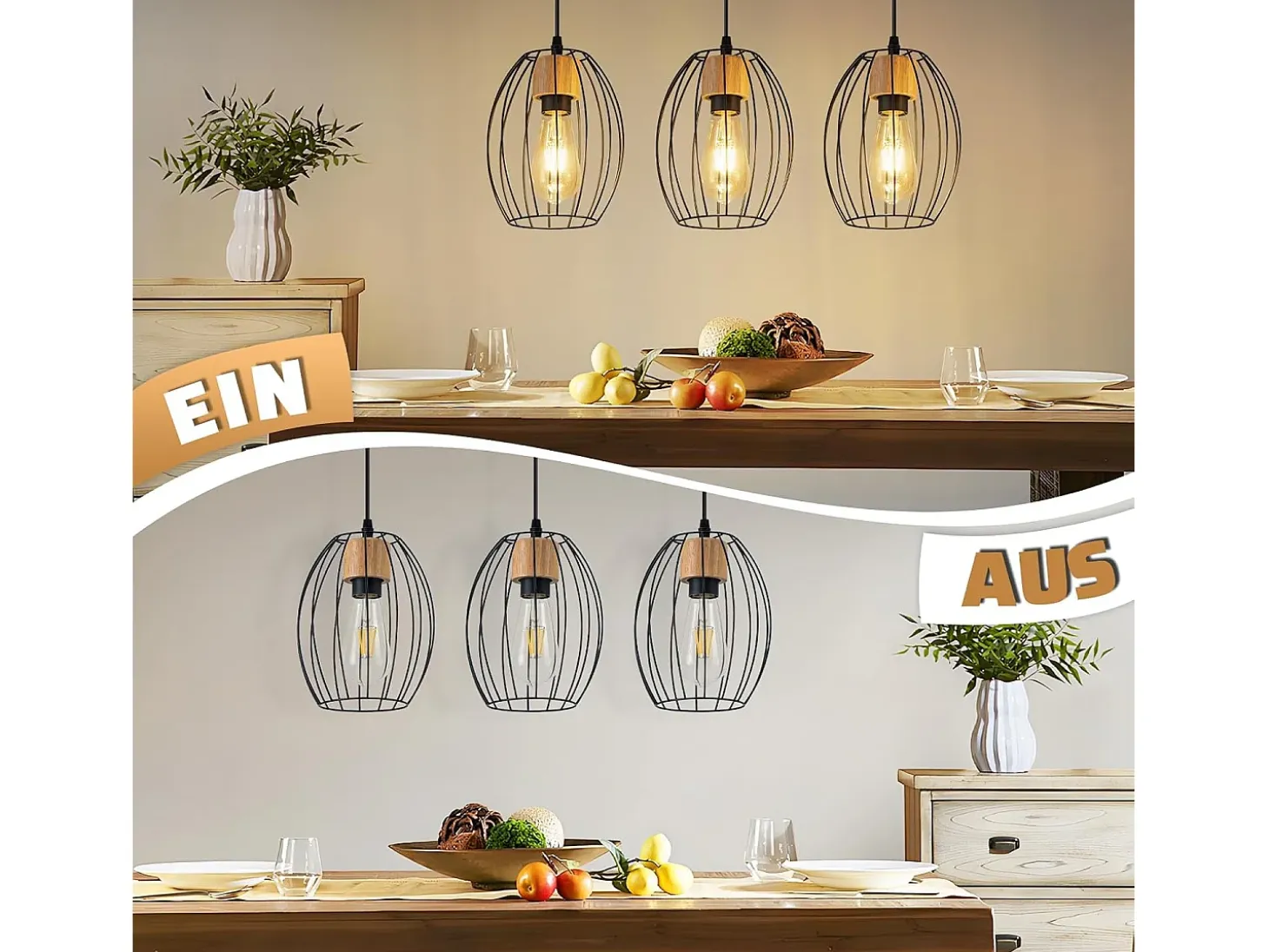 Lámpara colgante vintage Nettlife para mesa de comedor: lámpara colgante de 3 luces, metal negro, casquillo E27, estilo retro (bombillas no incluidas).