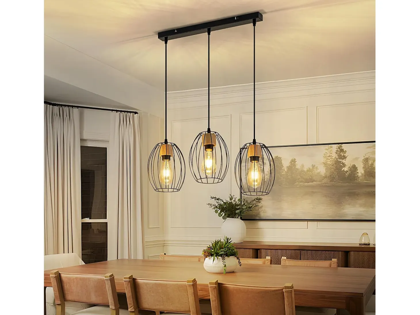Lámpara colgante vintage Nettlife para mesa de comedor: lámpara colgante de 3 luces, metal negro, casquillo E27, estilo retro (bombillas no incluidas).