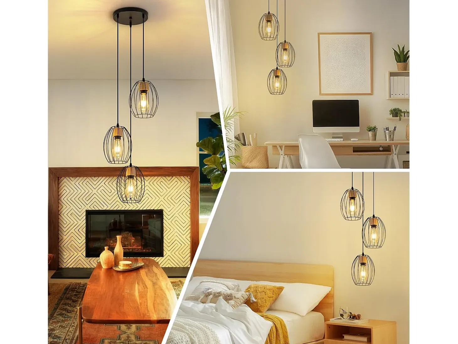 Lámpara colgante vintage Nettlife de 3 luces - Lámpara industrial de metal y madera negra, casquillo E27 - Cocina, comedor y sala de estar (bombillas no incluidas)