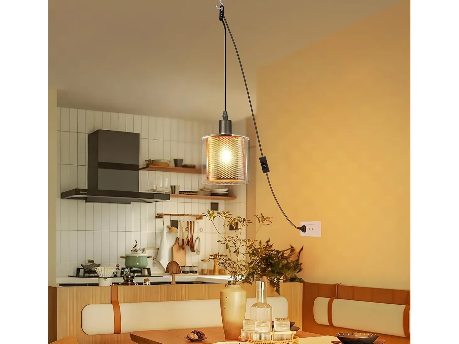 Lámpara colgante vintage Nettlife de 1 bombilla: colgante de cristal dorado con enchufe e interruptor, bombilla E14, cable metálico retro de 4,5 m