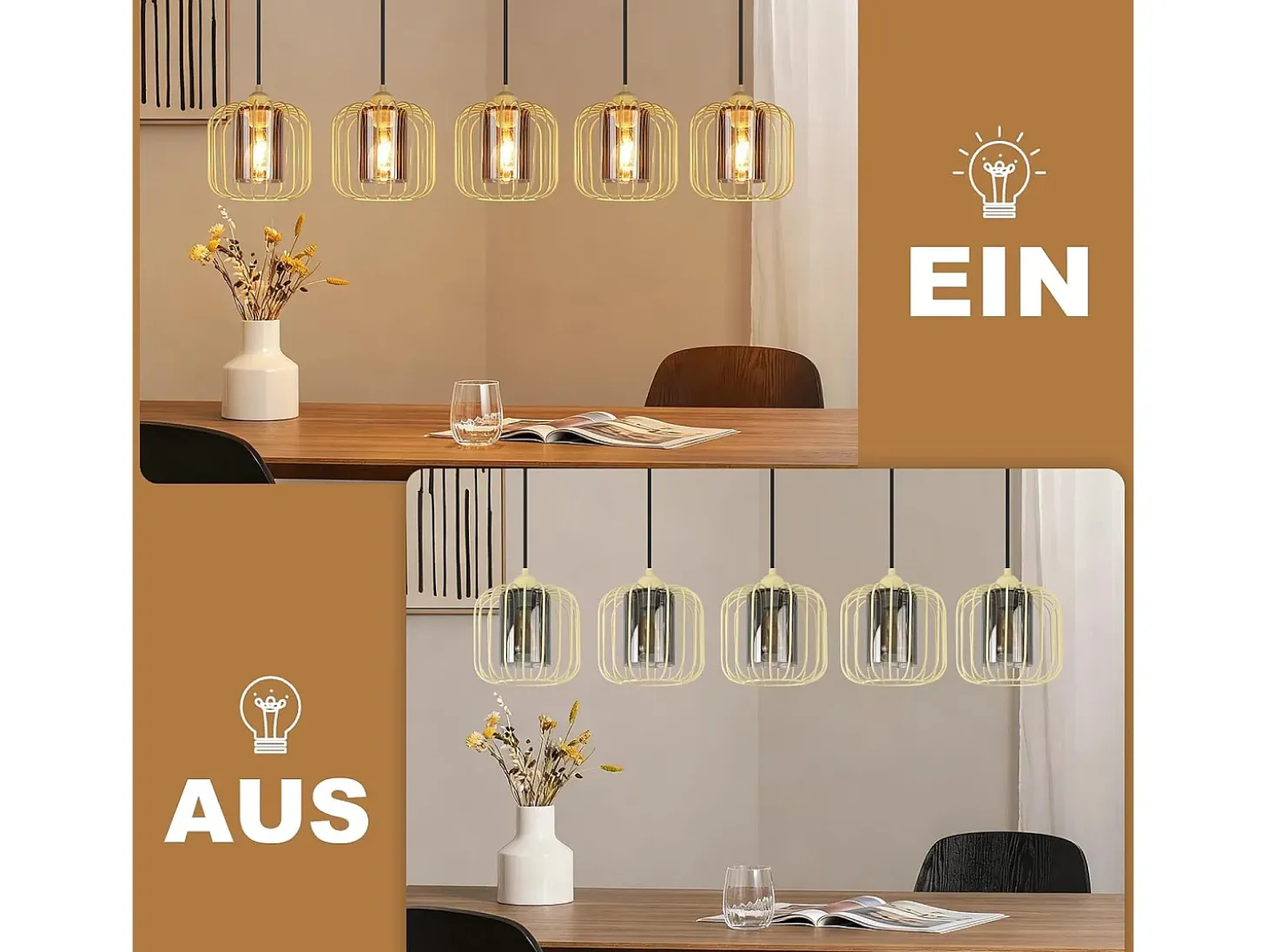 Lámpara colgante vintage Nettlife de 5 luces, de cristal y metal, para comedor, estilo retro, con casquillo E27 y altura ajustable (bombillas no incluidas).